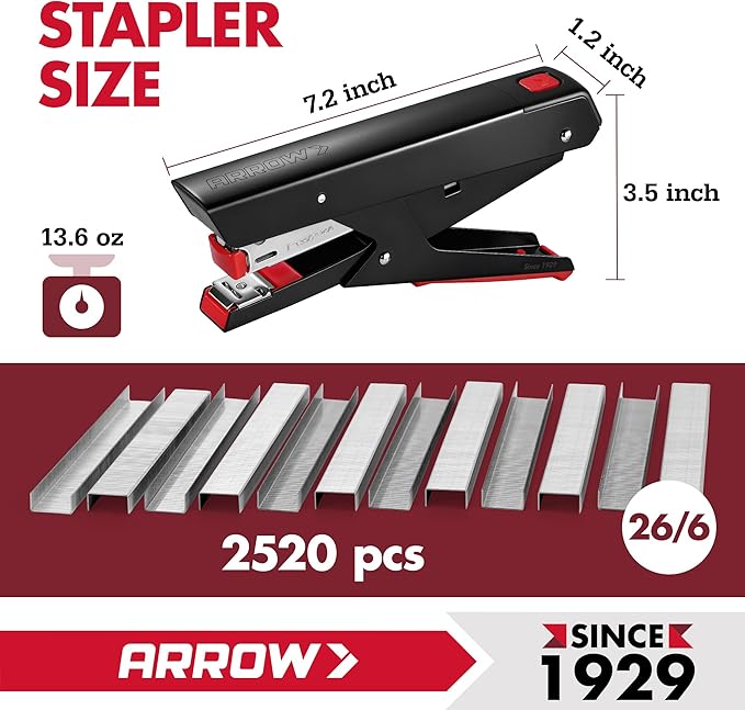Arrow Plier Stapler Set, Metal Hand Stapler with 2520 Staples, Full-Strip Loading, 25 Sheet Capacity, Dual-Mode Anvil, One-Touch Staple Loading, Ergonomic Grip, for Office, School, Packaging