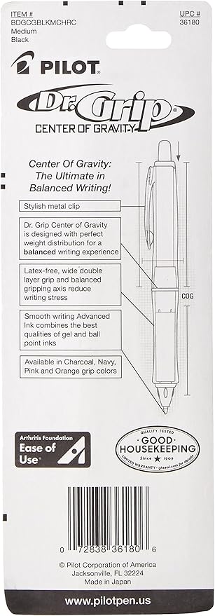 PILOT Dr. Grip Center of Gravity Refillable & Retractable Ballpoint Pen, Medium Point, Charcoal Grip, Black Ink, Single Pen (36180) (Pack of 2)