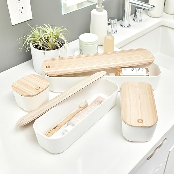 iDesign Recycled Plastic Storage Compact Drawer Organizer Bin with Paulownia Wood Lid, 3.6" x 14.4" x 2.4", Coconut