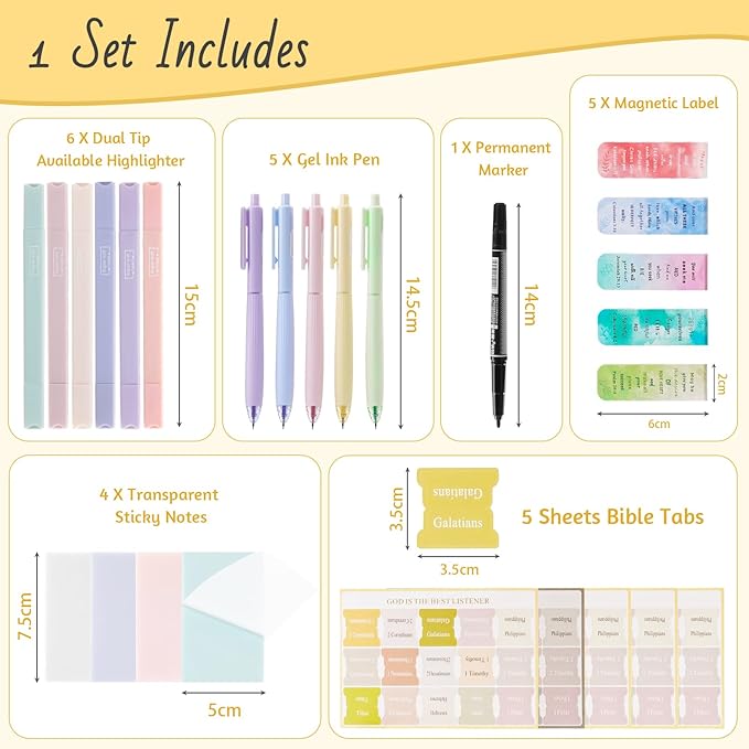Bible Study Supplies, Journaling Kit Accessories with No Bleed Bible Highlighters, Permanent Markers, Colored Gel Pens, Index Tabs, Magnetic Bookmarks, Sticky Notes, Christian Gifts for Women