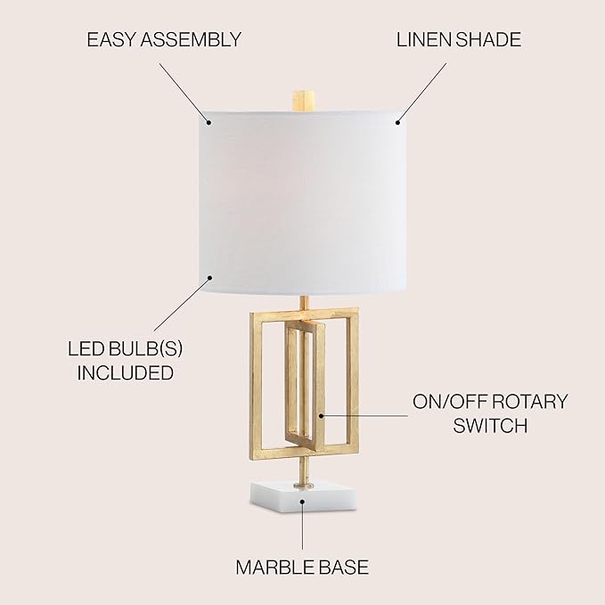JONATHAN Y 20.25" Gold Contemporary Glam Metal and Marble Table Lamp, Modern Geometric Iron Desk Lamp for Bedroom Living Room, White Linen Shade, LED Bulb Included JYL1039A