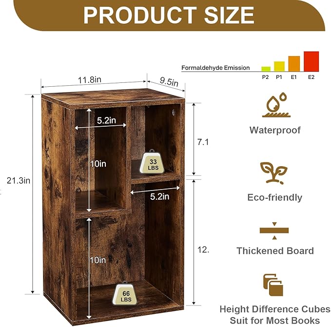 VECELO Small Bookshelf, 3 Cube Shelf, Fits Tallest Hardcovers, Horizontal Available, Modern Storage Organzier for Small Spaces,Brown