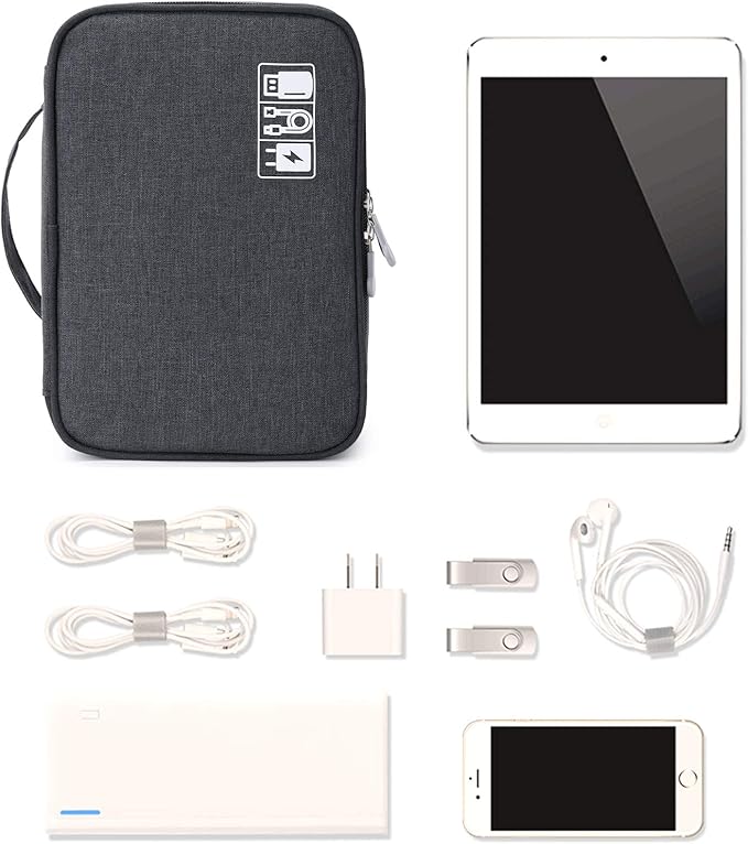 mygreen Electronics Travel Organizer, Watreproof Electronic Accessories Case Portable Double Layer Cable Storage Bag for Cord, Charger, Flash Drive, Phone, Ipad Mini, SD Card, Gifts for Him Black
