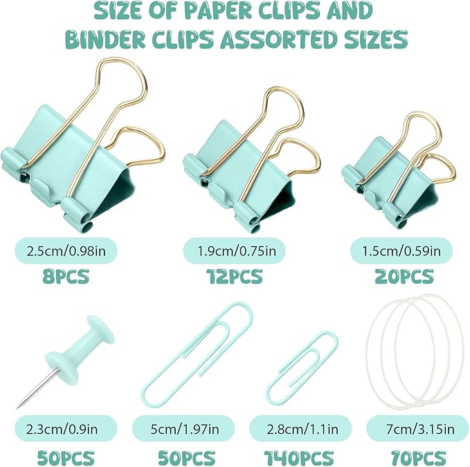 350 Pcs Paper Clips Binder Clip Assorted Sizes, Macaron Green Paper Clamps Office Clips Set Paperclips Rubber Bands Push Pins for Office and School Supplies