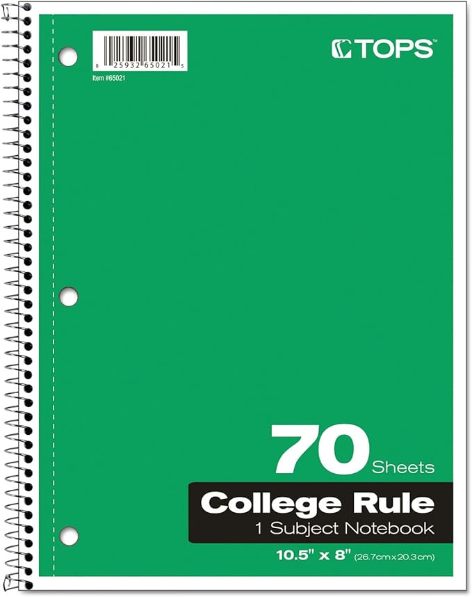 Oxford Spiral Notebook, 1-Subject, College Ruled Paper, 70 Sheets, Color May Vary, 1/Notebook (65021) (Pack of 1)
