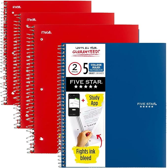 Five Star Spiral Notebook + Study App, 5 Subject, College Ruled Paper, Fights Ink Bleed, Water Resistant Cover, 8-1/2" x 11", 200 Sheets, Pacific Blue & Fire Red (38459) 2 count (Pack of 3)