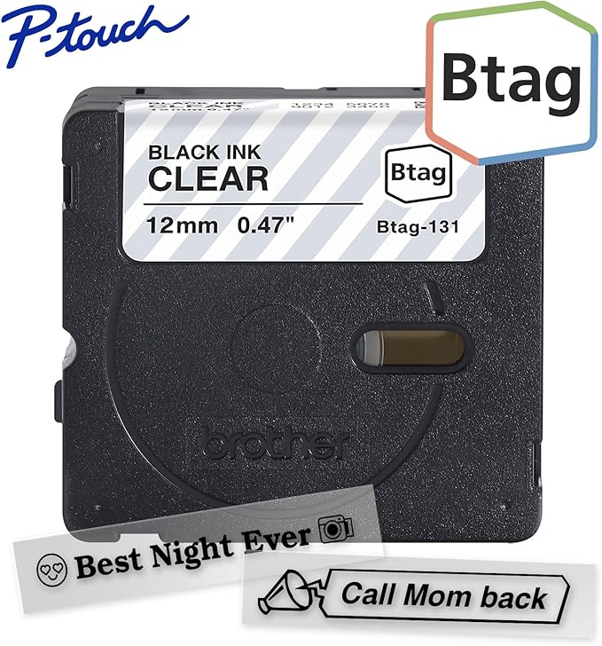 Brother Genuine P-Touch Btag BTAG131 Black on Clear Label Tape ~1/2in by 13.1ft (12mm x 4m). (Works Only with Brother PT-N10, PT-N20, PT-N25BT Label Makers)