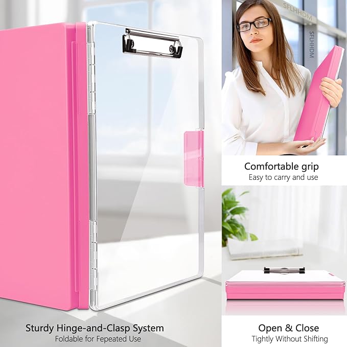 SFLHHDM Clipboard with Storage,Heavy Duty Clip Boards 8.5x11 with 2 Storage Case,Clear Visible Panel Storage Clipboards,Side Opening Nursing Clipboard Folder for Office Supplies-Pink