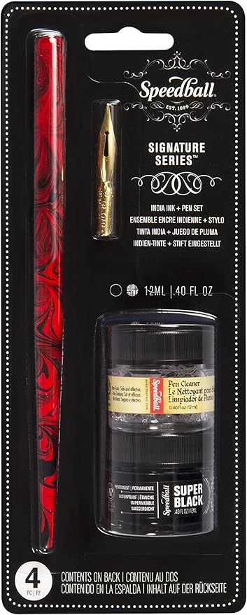 Speedball Signature Series Super Black India Ink & Pen Set, Includes Red Marbled Pen Holder, Gold-Plated No. 513EF Pen Nib, .4 fl oz Super Black India Ink, .4 fl oz Pen Cleaner