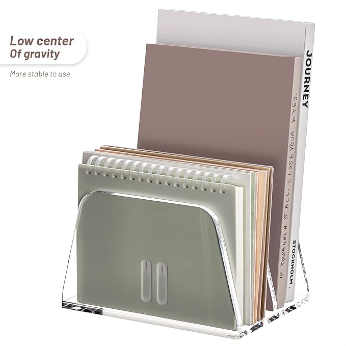 SANRUI Acrylic Mail Organizer for Desk Vertical Letter Holder Clear Bookshelf 2-Slots, Small File Sorter for Bills, Envelopes, Office Supplies, Upright Binder Divider for Home Office School