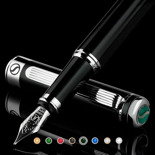 Scriveiner Black Green Fountain Pen - Stunning Luxury Pen with Chrome Finish, Schmidt Nib (Medium), Best Pen Gift Set for Men & Women, Professional, Executive, Office, Nice Pens