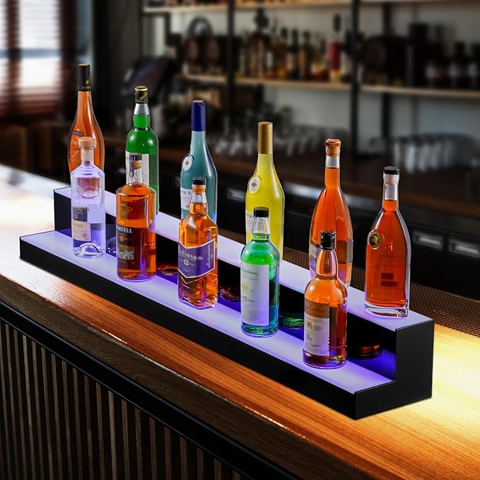VEVOR LED Lighted Liquor Bottle Display, 2 Tiers 48 Inch Commercial Illuminated Home Bar Shelf, 2 Steps Whiskey Rack Stand, Acrylic Drink Shelves with RF Remote & App Control, and Multicolor Light