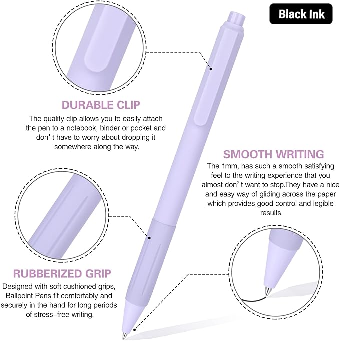 14-Pack Ballpoint Pens, Medium 1.0mm Black Ink Cute Pastel Office Pen, Retractable - For Smooth Writing, Note Taking and Journaling