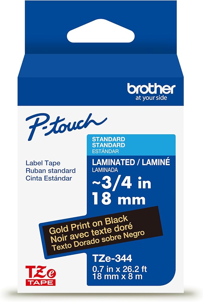 Brother Genuine P-Touch TZe Gold Print on Black Label Tape (TZe344), Laminated,3/4in x 26.2ft (18mm x 8m), for Select P-Touch Label Makers, Durable, Water-Resistant, Indoor/Outdoor Use