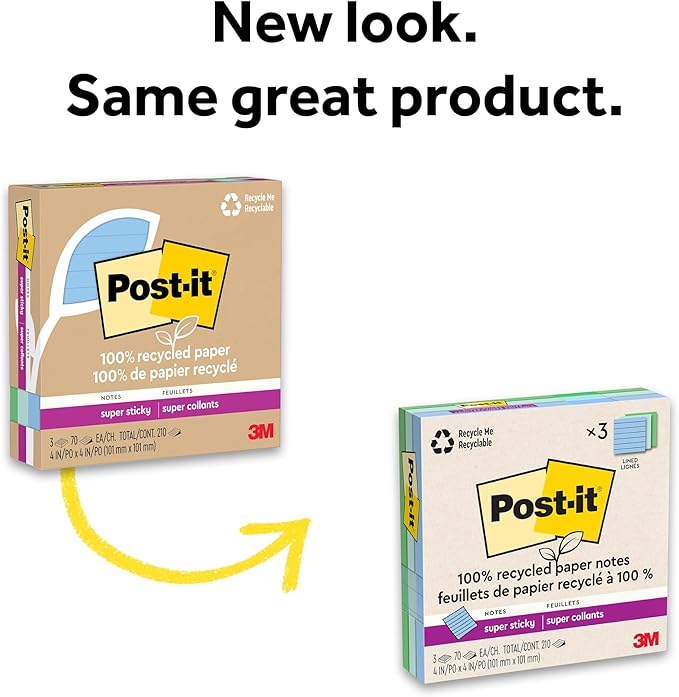 Post-it 100% Recycled Paper Super Sticky Notes, Lined, 4 in. x 4 in., 3 Pads, 70 Sheets per Pad, Oasis Collection, New Year Organization or Second Semester School Supplies