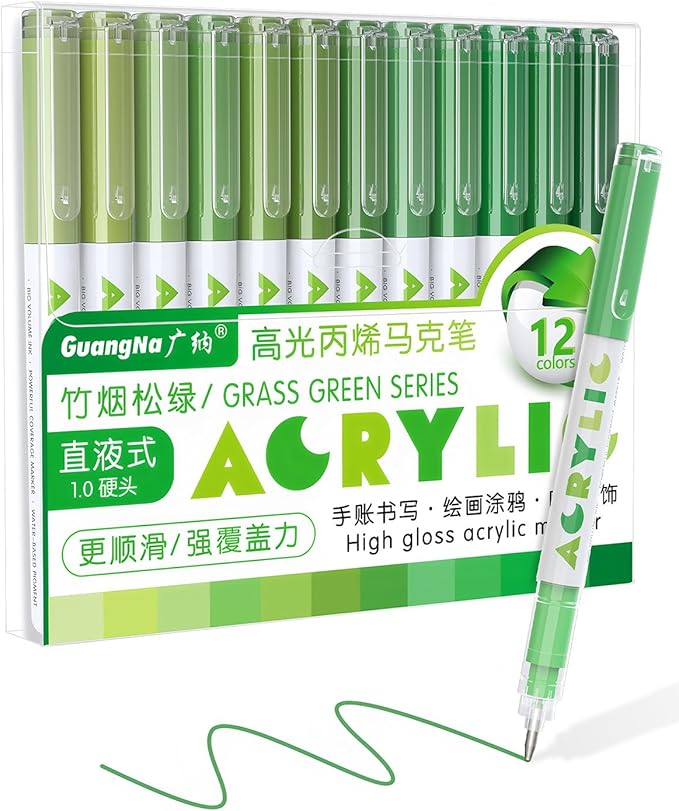 Guangna Acrylic Gel Pens 12 Color, Colored Pens for Journaling, Coloring Books, Calligraphy, Note Taking & DIY Crafts, RollerBall Pen Tip (Green)