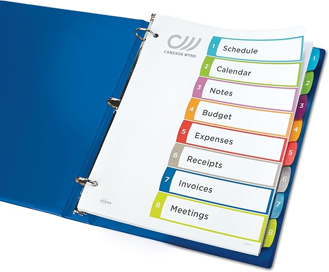 Avery Dividers for 3 Ring Binders, 8 Tabs per Set, Customizable Table of Contents, Multicolor Arched Tabs, Great for Organizing Reports, Projects, and More (11841)