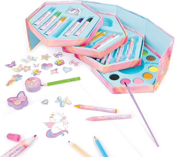 Make It Real: Creative Heart Art Set - 68pc Supplies Kit, Hexagon Stacked Trays Studio, Watercolors-Color Pencils-Markers-Stickers, Tween-Girl-Kids 6+