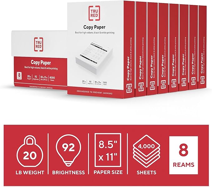 Staples TRU RED 8.5 x 11-Inch Copy Paper, 20 lbs., 92 Bright, 500 Sheets/Ream, 8 Reams/Carton (TR59702)