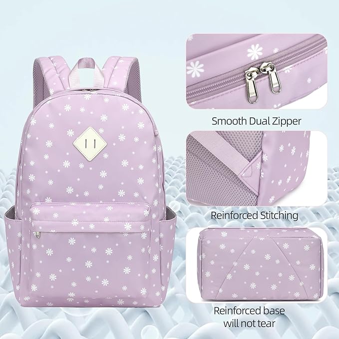 Flowers School Backpack for Girls, 3PCS Bookbags Set with Lunch Box Pencil Pouch Elementary Middle School Bag Laptop Back Packs (Daisy Purple)