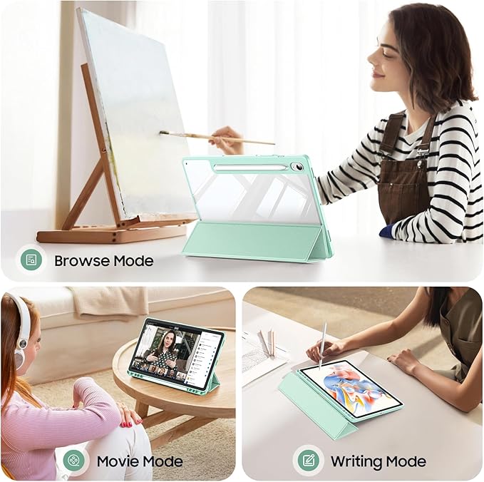 Fintie Hybrid Slim Case for Samsung Galaxy Tab S10 Lite/ S10 FE/ S9 FE 10.9 Inch/Tab S9 11 Inch with S Pen Holder, Shockproof Cover with Clear Transparent Back Shell, Auto Wake/Sleep, Green