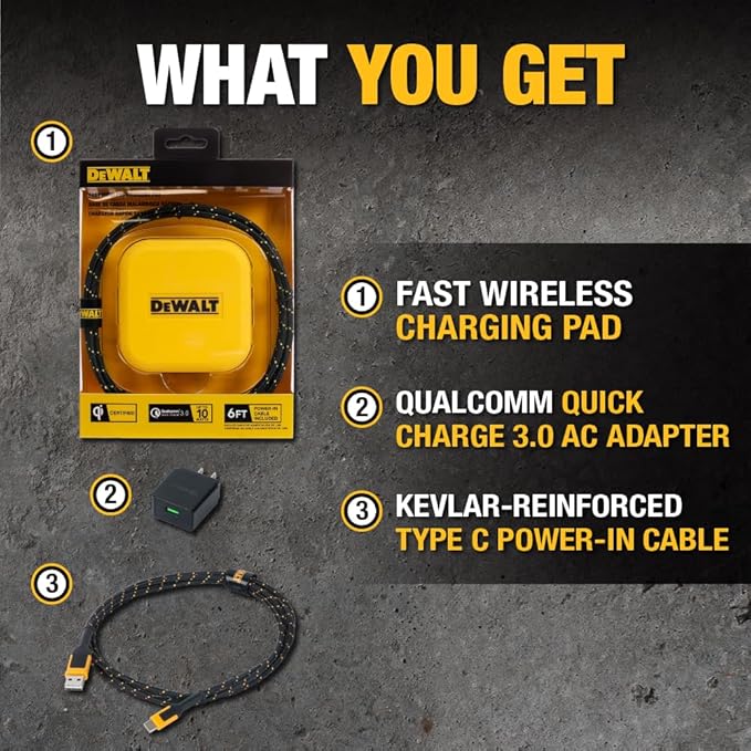 DEWALT Heavy Duty Wireless Charger, 10W Max Fast Wireless Charging Pad Compatible with iPhone 17/16/15/14/13/12/11/X/8 Pro Max Plus Samsung Galaxy S22/S21 AirPods (Type C Cable/AC Adapter Included)