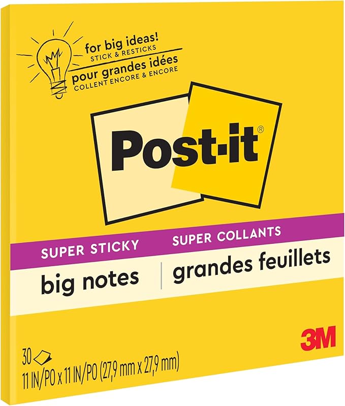 Post-it Super Sticky Big Notes, 11 in x 11 in, 1 Pad, 2X The Sticking Power, Yellow, Recyclable (BN11), 3 Pack