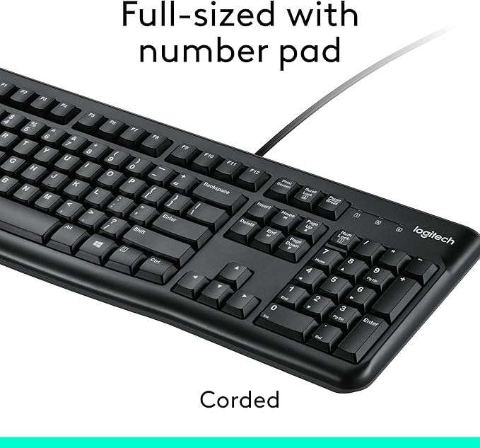 Logitech MK120 Wired Keyboard and Mouse Combo for Windows, Optical Wired Mouse, Full-Size Keyboard, USB Plug-and-Play, Compatible with PC, Laptop - Black