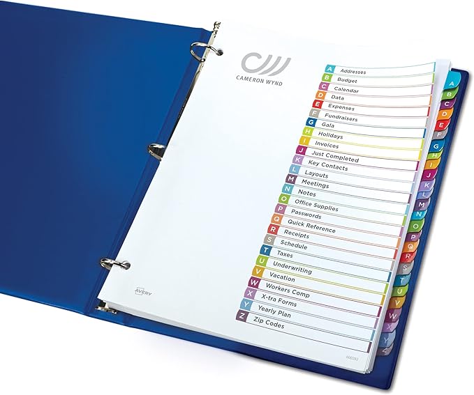 Avery A-Z Dividers for 3 Ring Binders, 26 Tabs per Set, Customizable Table of Contents, Multicolor Arched Tabs, Great for Organizing Reports, Projects, and More (12 Sets of 11844)