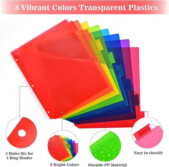 Binder Index Dividers with Tabs, 24 Count 3 Ring Binder Dividers with Pockets, 8 Tab Dividers for 3 Ring Binder, Plastic Sheet Protectors for US Letter Size, 8 Color Tab Dividers,3 Packs