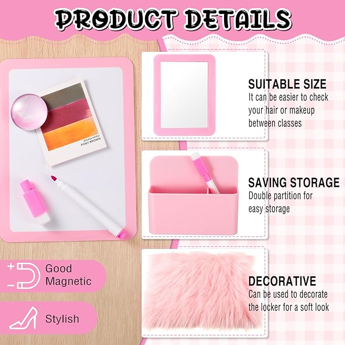 12 Pcs Locker Accessories Kit Magnetic Mirror Whiteboard Pen Holder Magnet Hook Locker Wallpaper Rug Keychain Marker String Light for Back to School Essentials Decorations(Pink)