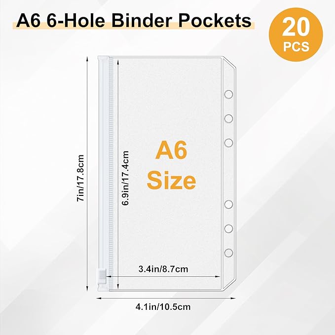 Antner 20pcs A6 Binder Pockets 6-Hole Budget Binder Inserts Cash Stuffing Envelopes for Budgeting, White Zipper Pouch Folders Loose Leaf Filling Bags Money Organizer for A6 6-Ring Planners and Binders