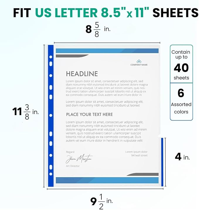 24 Pack, Color Edges Plastic Sheet Protectors 8.5"x11", Premium Heavy Duty, Top & Side Loading, Page Protectors Sheet Reinforced 11-Hole Fit for 2/3/4 Ring Binder