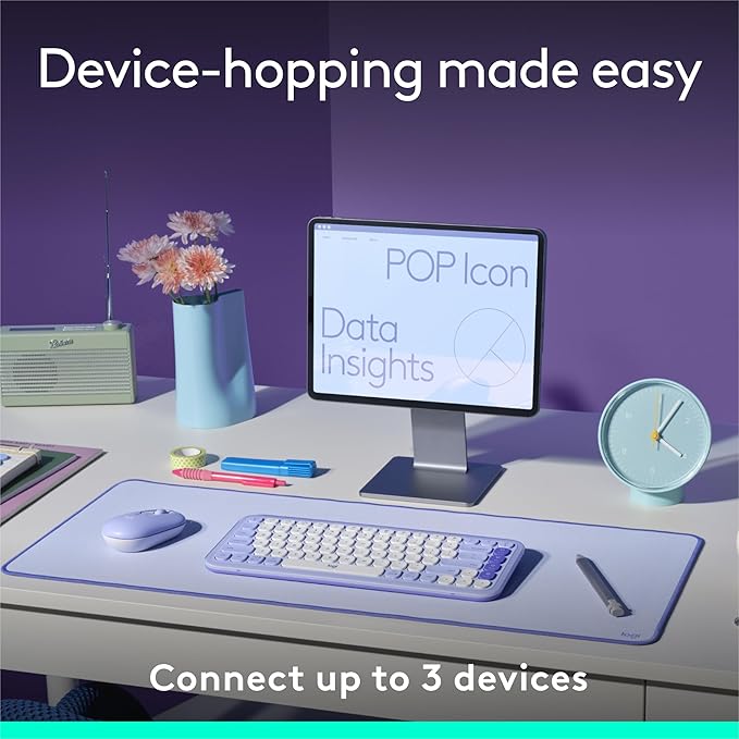 Logitech POP ICON Keys Wireless Bluetooth Keyboard, Comfortable Typing, Programmable Keys, Easy-Switch Between up to 3 Devices, for Laptop, Tablet, PC – Lilac and Off-White