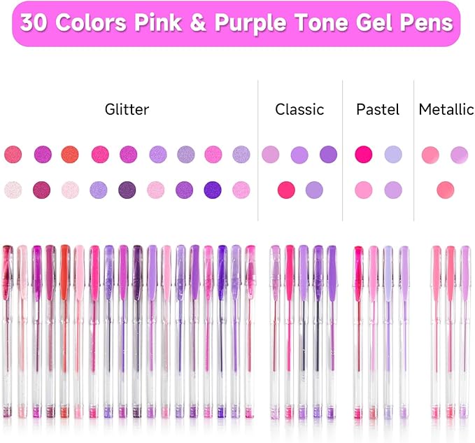 Shuttle Art 60 Pack Tone , Pink Purple Gel Pens with 30 Refills for Adults Coloring Books Journaling Drawing Nature, Landscapes, Animals Scenes