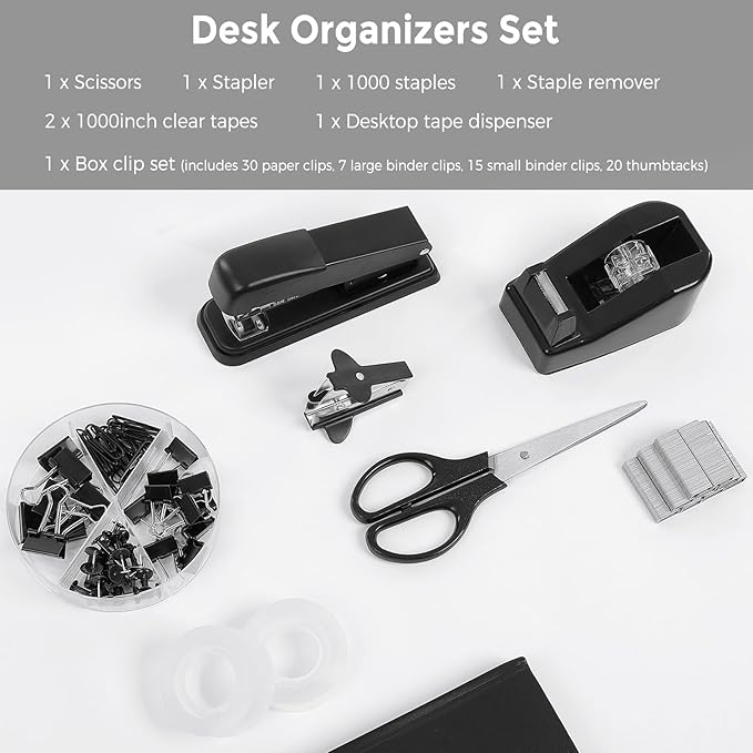 SKYDUE Black Office Supplies Set, Black Desk Accessories, Stapler, Tape Dispenser, Scissors, Binder/Paper Clips and 1000pcs Staples, Desk Supplies Set