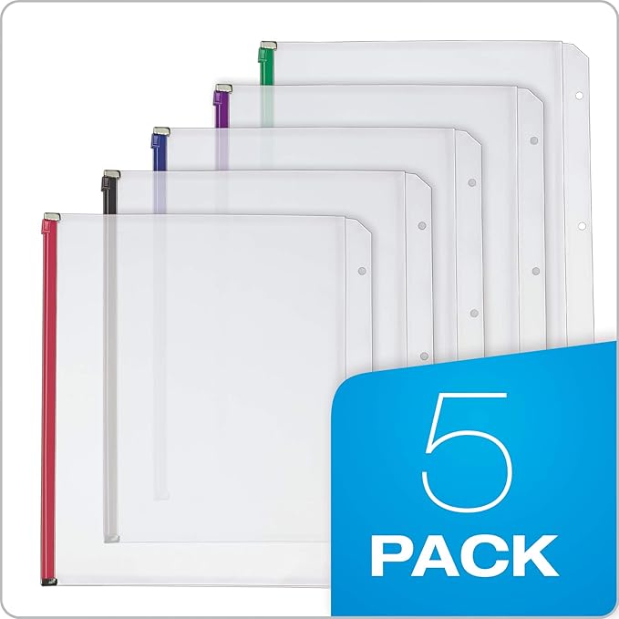 Cardinal Plastic Zippered Binder Pockets, 3-Hole Punched, Fits Full Letter Size 8-1/2" x 11" Sheets, Clear with Multicolor Zippers, 5-Pack (14650)