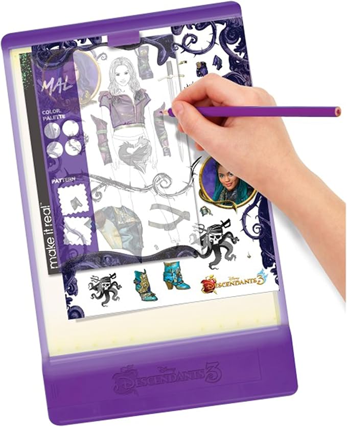 Make It Real Disney Descendants 3 Fashion Design Tracing Light Table for Girls - 9-Piece Set with Sketchbook, Stickers, Tracing Pages, Light-Up Table - Creative Drawing Kit, Ages 8+