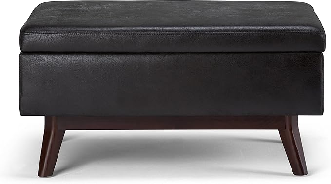 SIMPLIHOME Owen Coffee Table Storage Ottoman - 34 inch Wide Upholstered Vegan Leather Rectangular Lift-Top Ottoman in Distressed Black, Mid-Century Modern Bench for Living Room with Tapered Legs