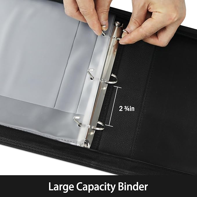 LLi Cufite 3 Rings Check Binder for End-Stub Deskbook Checks, Zipper Business Check Binder, 3 on a Page, Fit 3 & 9 Holes Check Faux Leather (9.5" x 12.6") (Black)