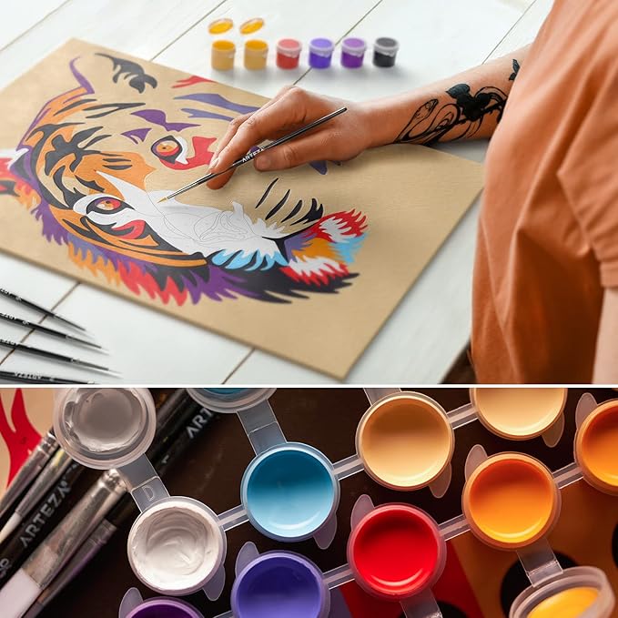 ARTEZA Paint by Numbers Kit, 12x16 Inches, 21 Pieces, Tiger Canvas Painting Kit, Canvas Panel, 12 Acrylic Paint Pots, 5 Paintbrushes, Art Supplies for a Meditative and Calming