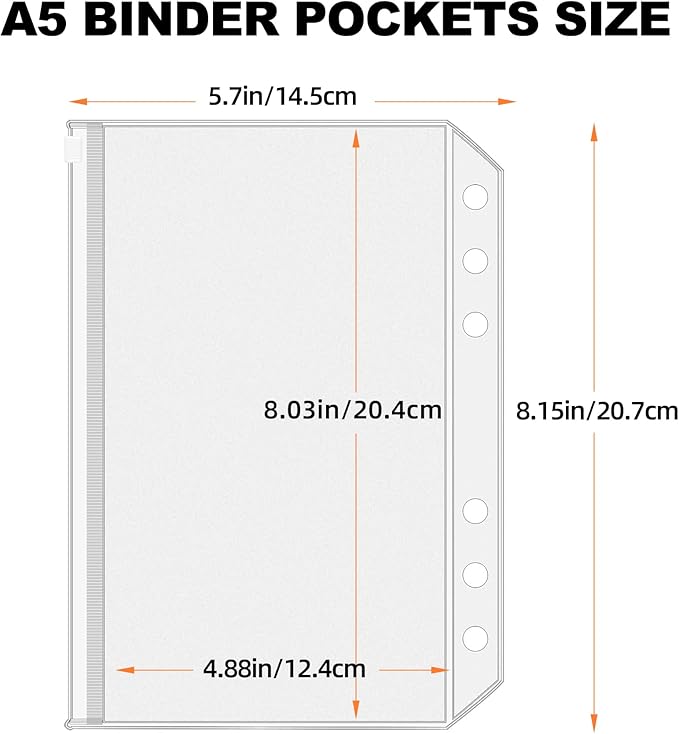 Antner 12PCS A5 Binder Pockets 6 Holes Budget Cash Envelopes for Budgeting, Clear Zipper Folders Planner Inserts Loose Leaf Bags Binder, Waterproof PVC Document Pouch Filing