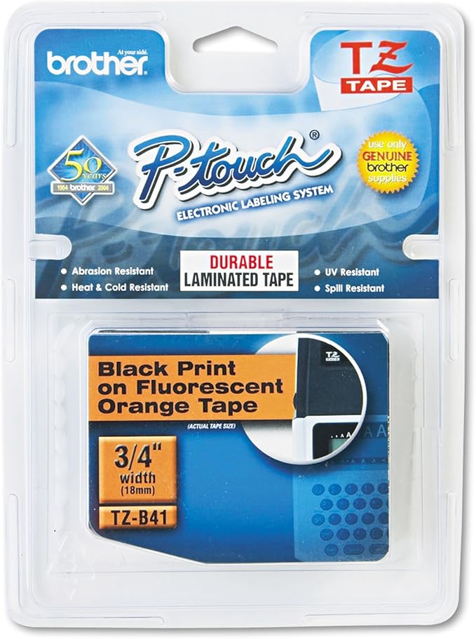 Brother TZEB41 TZ Standard Adhesive Laminated Labeling Tape, 3/4-Inch w, Black on Fluorescent Orange
