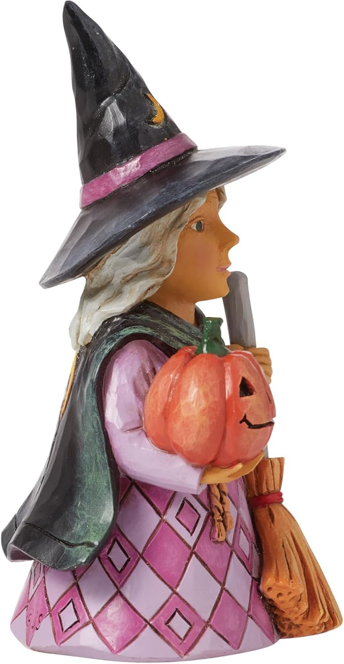 Enesco Jim Shore Heartwood Creek Halloween Collection Witch Holding a Pumpkin Miniature Figurine- Stone Resin Hand Painted Crafted Collectible Halloween Mini Figurines Home Decor Statue, 3.94 Inch