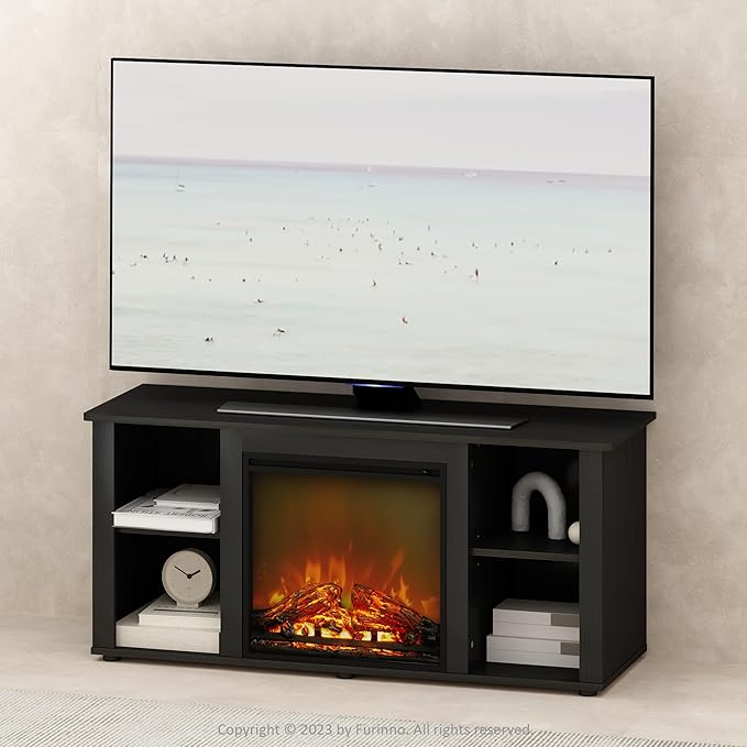 Furinno Jensen Fireplace TV Stand, NO Heat Decorative Electric Fireplace TV Stand for TV up to 55 Inch, with Open Storage, for Living Room, Americano