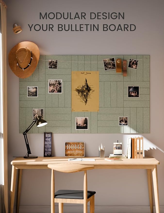Fluxynara Felt Bulletin Board Tiles Large 36" x 24" Cork Board Alternative-6 Pack with 40 Adhesive Tabs, Thick Slat Wall Panels for Office Decor, Push Pin Board Wall Organizer Alternative - Sage Green