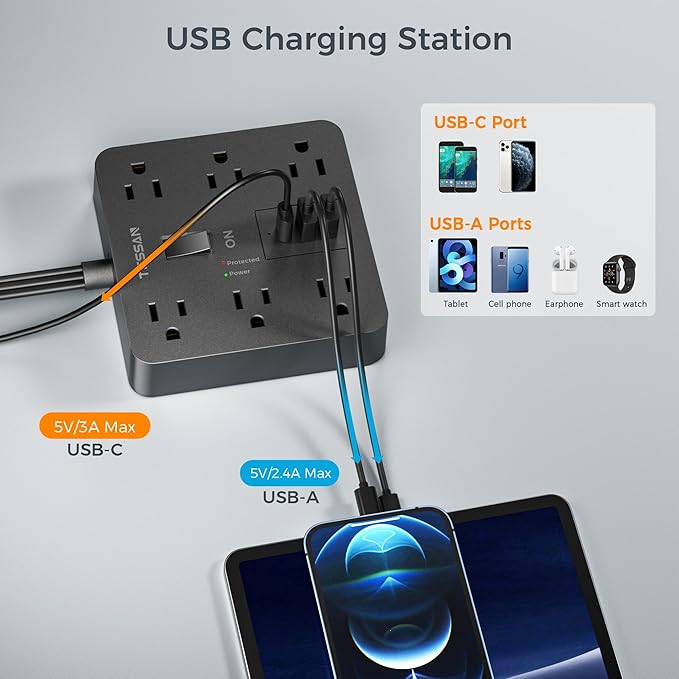 TESSAN Black Surge Protector Power Strip, Flat Plug Extension Cord 5 FT with 6 Outlets 3 USB Charger (1 USB C), 1700J Protection Multiple Outlets Charging Station for Home, Office, College Dorm Room
