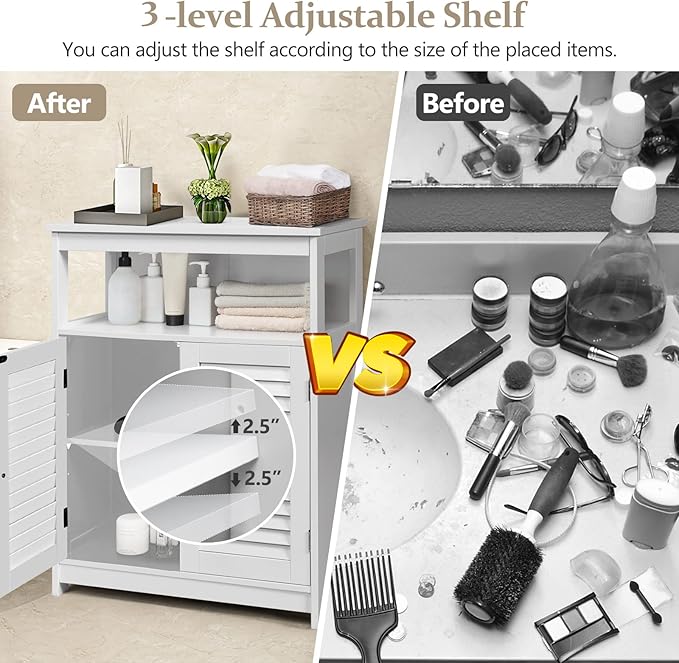 COSTWAY Bathroom Storage Cabinet, Wooden Side Storage Organizer with Louver Doors & Removable Shelf, Freestanding Floor Cabinet for Living Room, Kitchen, Entryway (White)