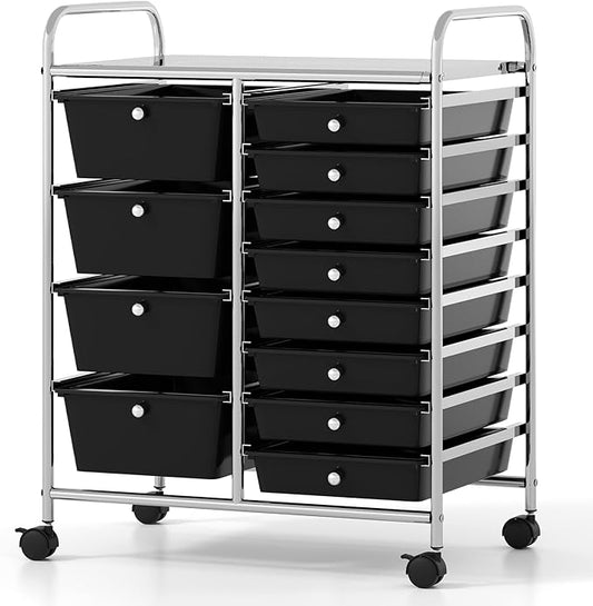 COSTWAY 12 Drawer Rolling Storage Cart, Mobile Utility Cart with Metal Frame, Art Supply Craft Organizer, Multipurpose Storage Organizer for Paper, Office, School Teacher, Classroom, Black