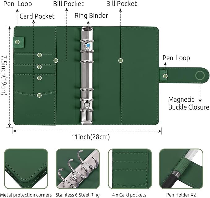 SKYDUE Budget Binder, Money Saving Binder with Zipper Envelopes, Cash Envelopes and Expense Budget Sheets for Budgeting (DarkGreen)